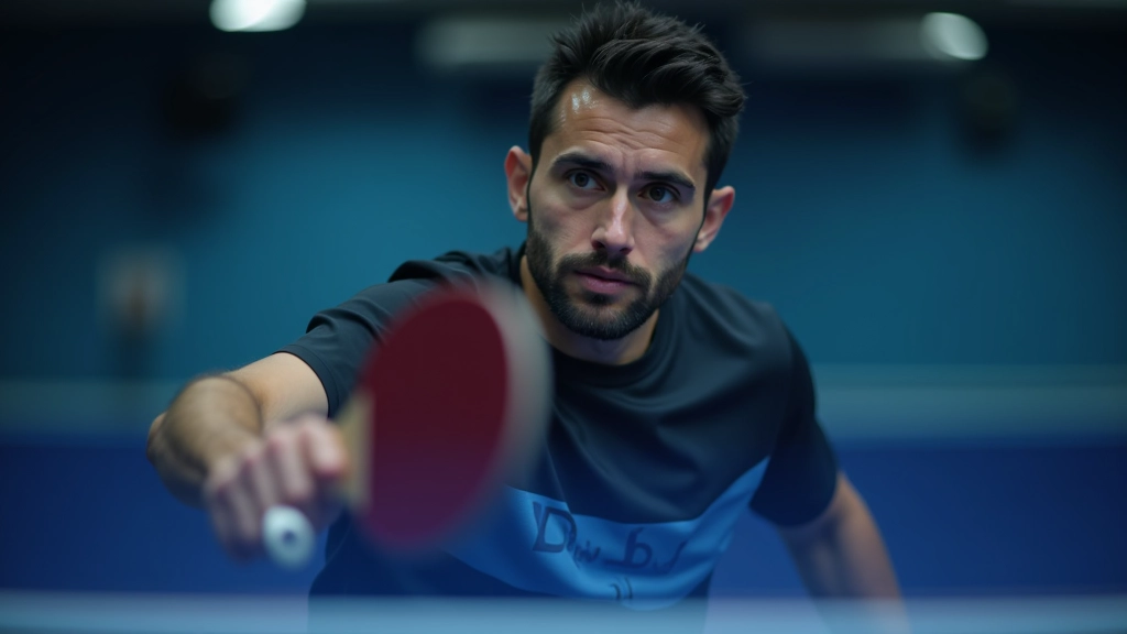 لاعب تنس طاولة متقدم يؤدي حركة إرسال ديناميكية مع دوران الجسم